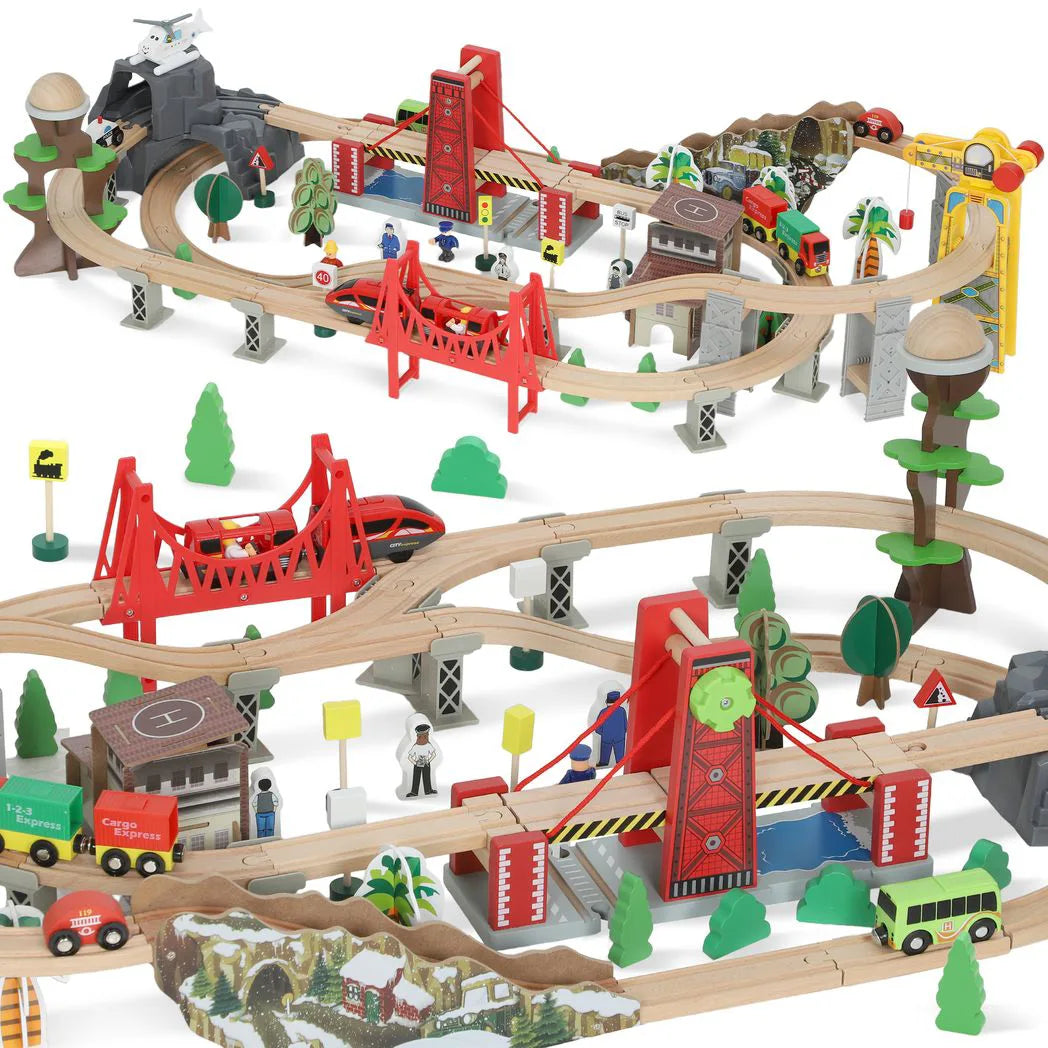 AIYAPLAY 100 Piece Wooden Train Set with Track, Crane & Battery Operated Train – Beechwood Toy, Ages 3+