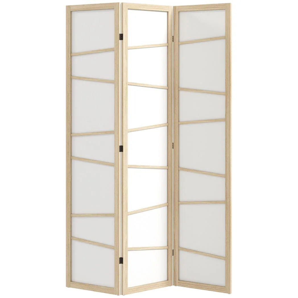 HOMCOM Wooden Folding Privacy Screen with Solid Wood Frame – 3 Panel Room Divider for Bedroom, Natural Wood Finish