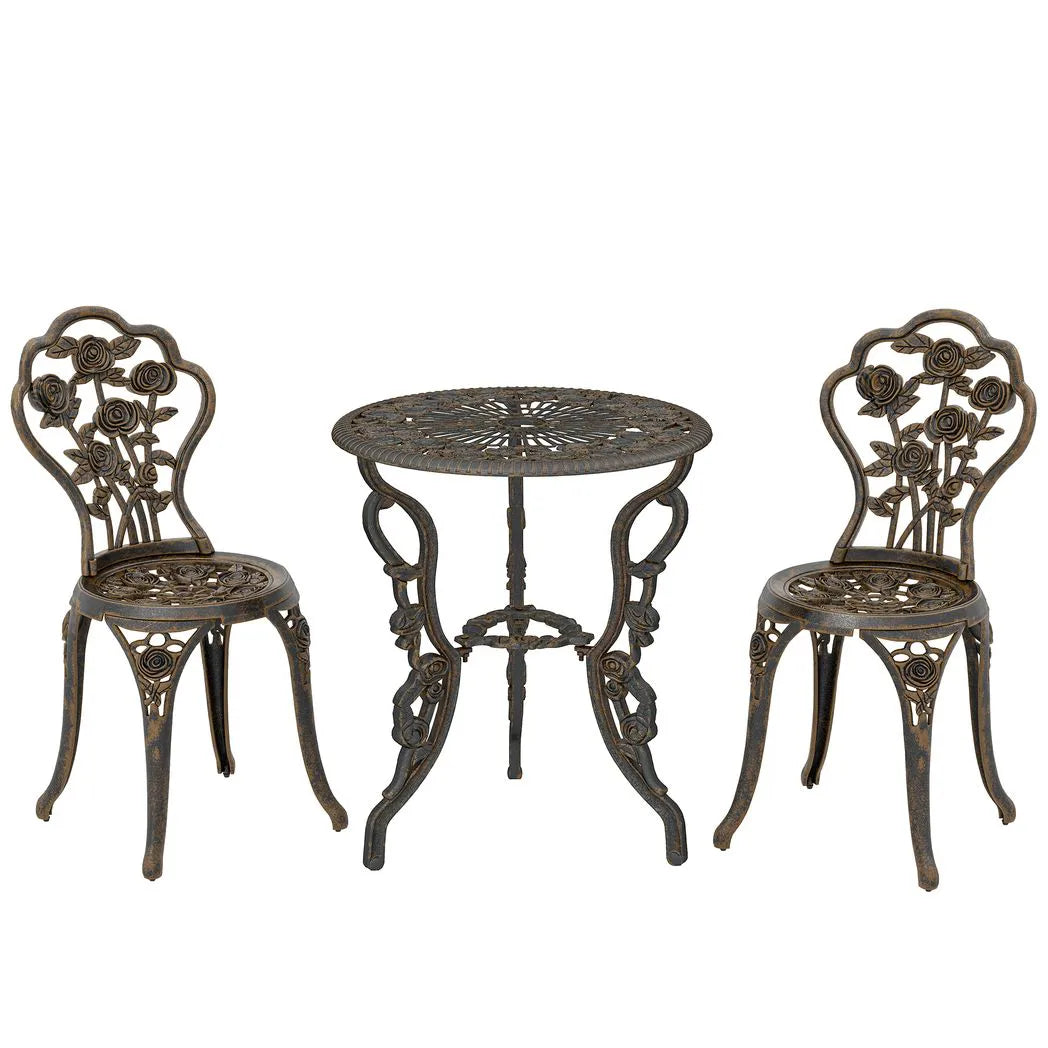 Outsunny 3 Piece Cast Aluminium Bistro Set with Parasol Hole – Antique Floral Table and 2 Chairs, Brown Tone