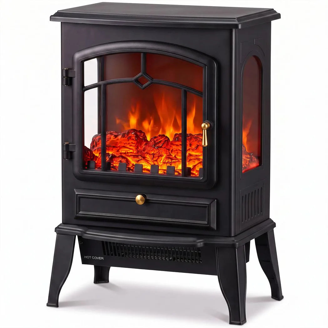 HOMCOM 3-Sided Electric Fireplace Stove, 1000W/2000W Freestanding Heater with 3D Flame Log – Black