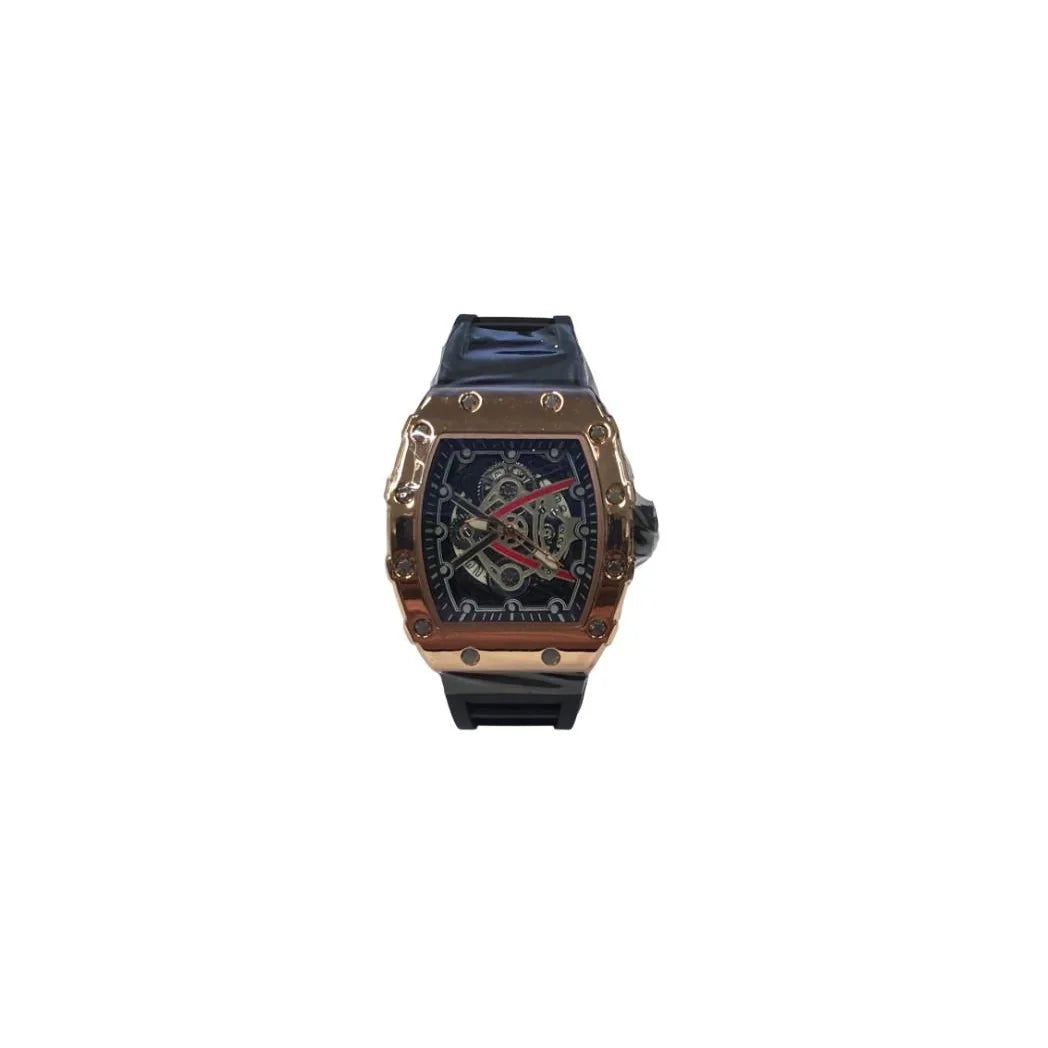 Longbo Gents Rose Screw Fashion Quartz Watch with Skeleton Clear Dial – Black Rubber Strap