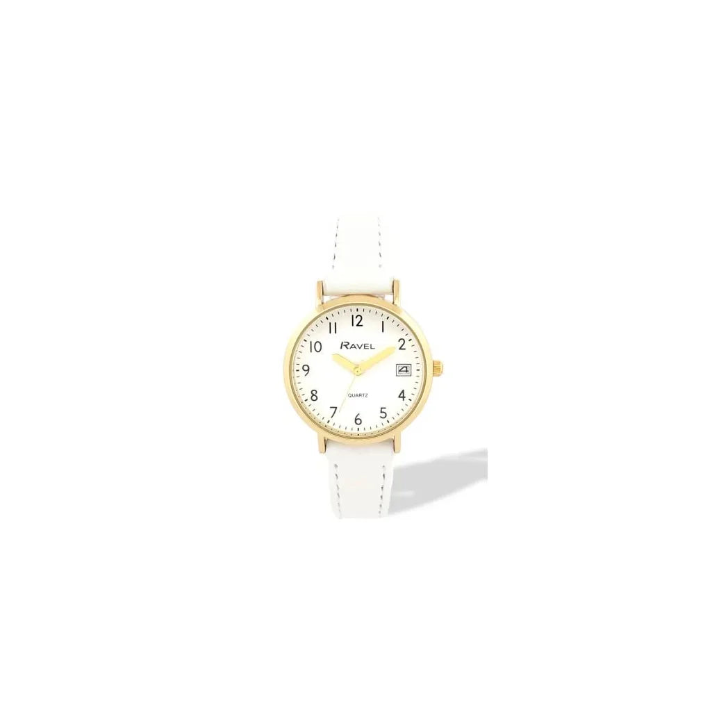 Ravel Ladies Gold-Tone Dated Watch with White Dial and White Faux Leather Strap