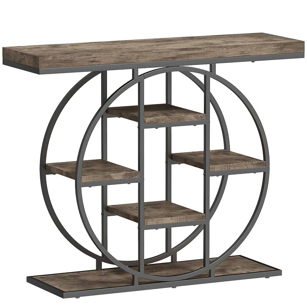 HOMCOM Industrial Console Table with 6 Open Shelves – Hallway Entryway Table with Metal Frame, Rustic Brown