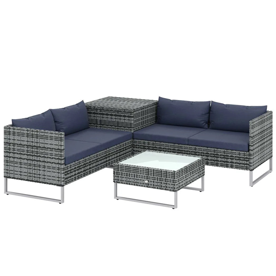 Outsunny 4 Piece Rattan Corner Sofa Set – Two Loveseats, Storage Table and Glass Coffee Table with Cushions, Dark Blue
