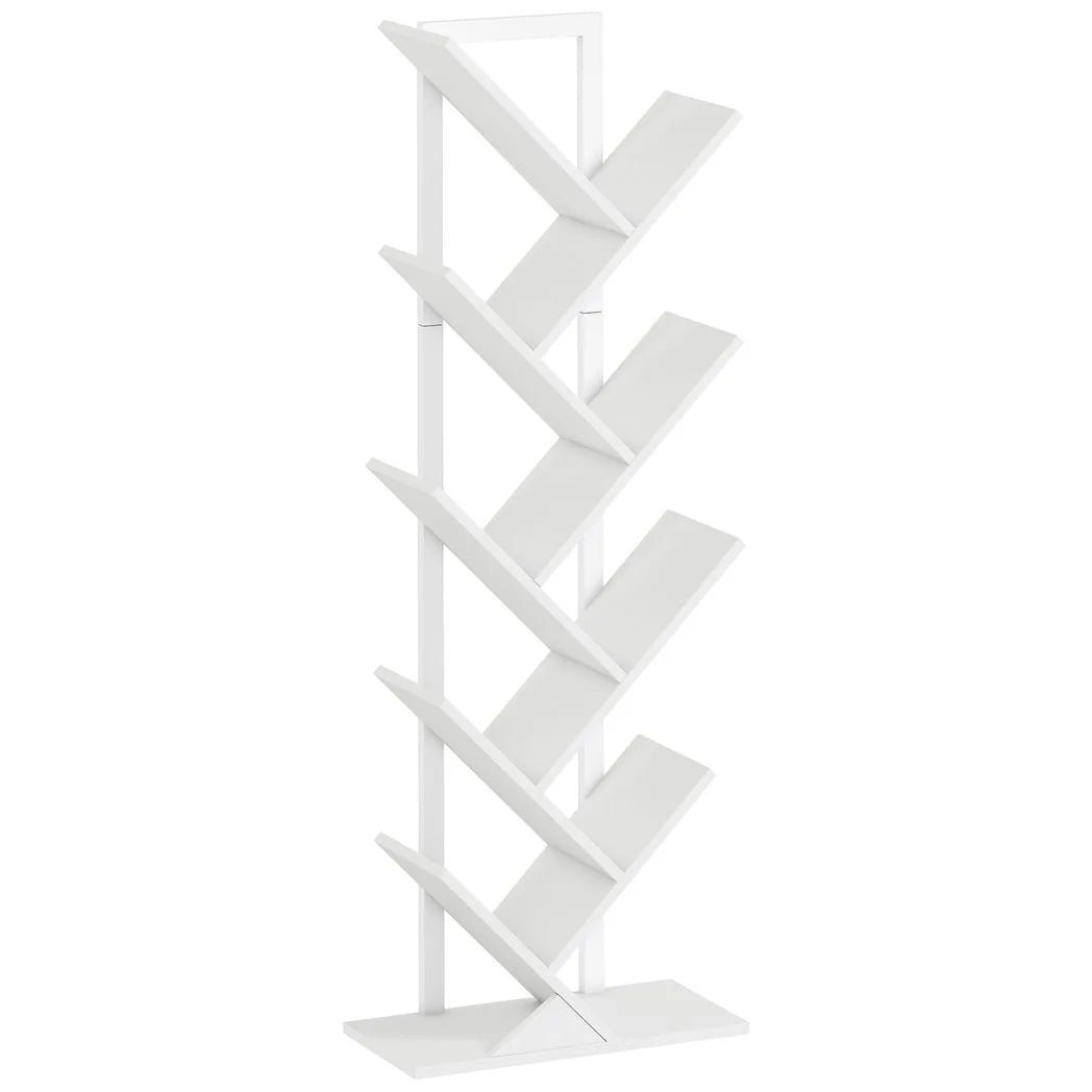 HOMCOM 9-Tier Tree Bookshelf with Steel Frame – Industrial Free Standing Bookcase for Books & Display, White