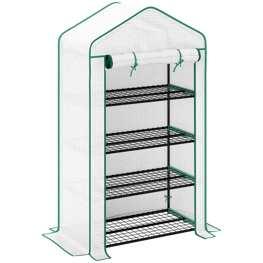 Outsunny Four-Tier Mini Greenhouse with Reinforced Plastic Cover and Roll-Up Door – Steel Frame Plant Shelter