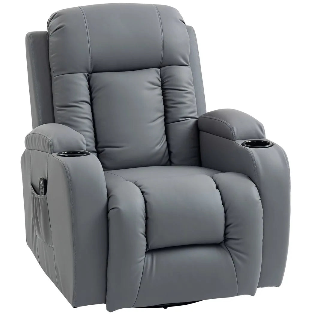 HOMCOM Massage Recliner Armchair with 8-Point Vibration, Lumbar Heat & Swivel Rocking Seat – PU Leather Recliner Chair, Grey