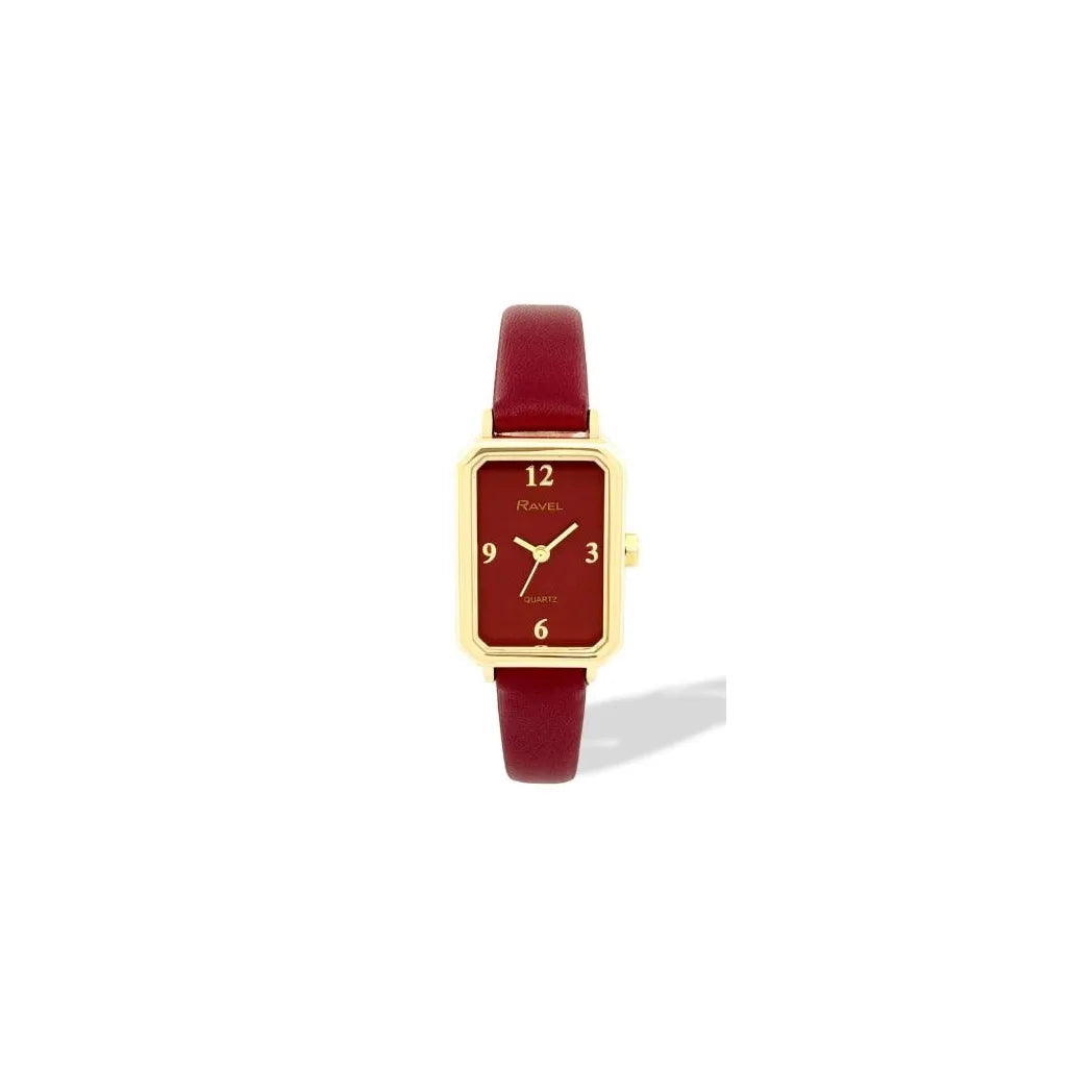Ravel Ladies Rectangular Gold-Tone Watch with Maroon Faux Leather Strap