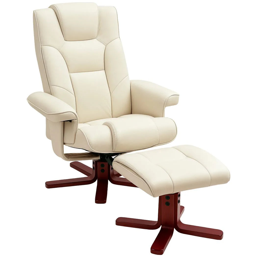 HOMCOM Faux Leather Manual Recliner Armchair and Footstool Set with Rocking Motion – Cream White
