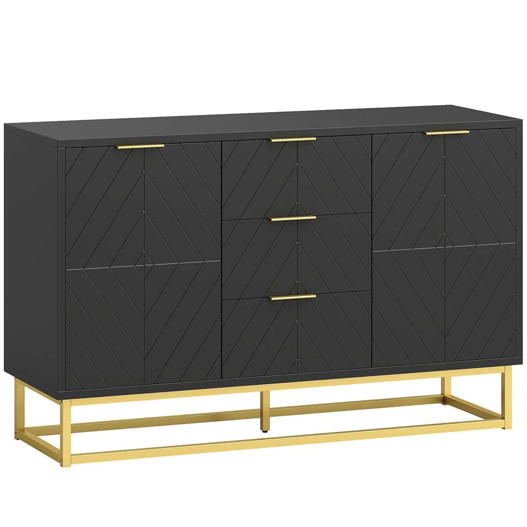 HOMCOM Sideboard with 3 Drawers, 2-Door Cabinet and Adjustable Shelves, Gold-Tone Base, Black