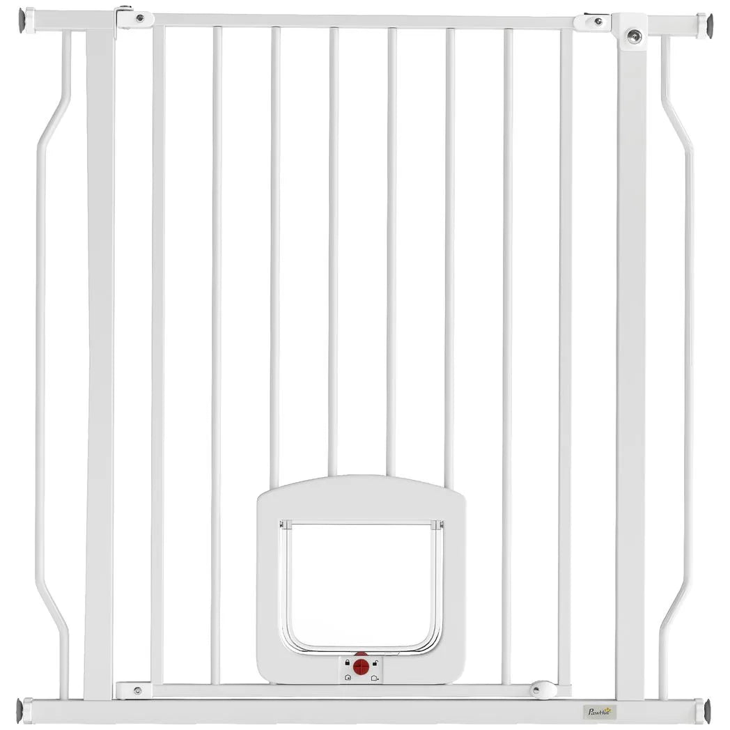 PawHut Adjustable Pet Gate with Four-Way Cat Flap – Pressure Fit Barrier for Doorways, 75-85 cm, White