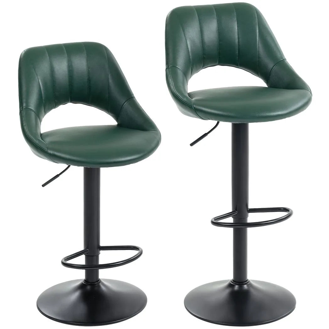 HOMCOM Set of 2 Faux Leather Bar Stools with 360° Swivel & Adjustable Height – Kitchen Stools, Dark Green