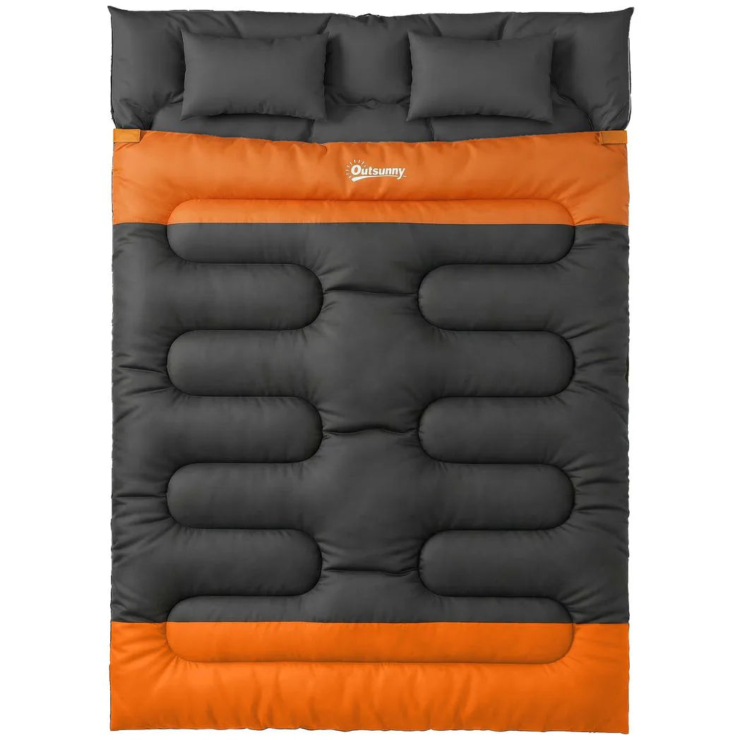 Outsunny Double Sleeping Bag with 2 Pillows – 220 x 160 cm Extra-Large Camping Bag for Adults, Grey and Orange