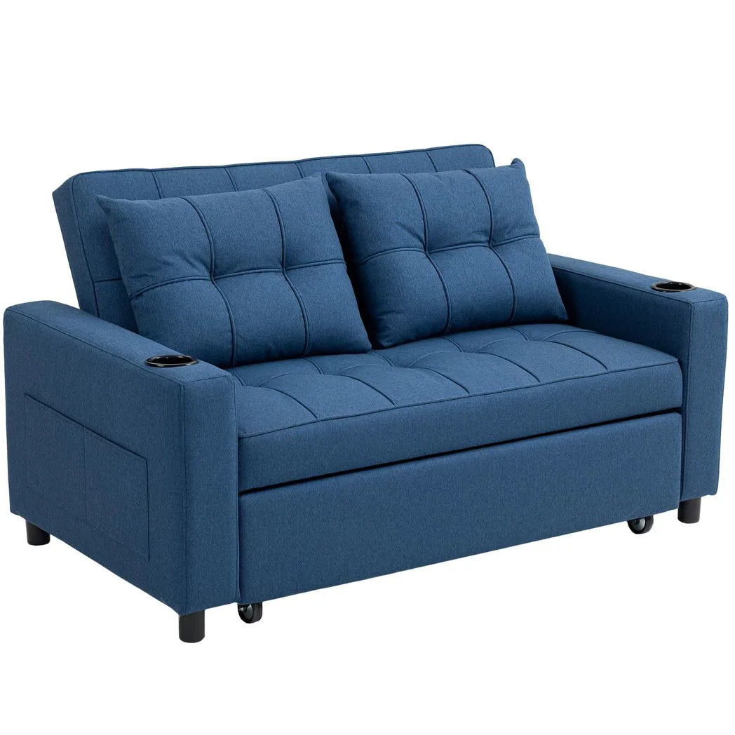 HOMCOM Two-Seater Pull-Out Sofa Bed with 3-Level Backrest and Cup Holders – 3-in-1 Loveseat, Dark Blue