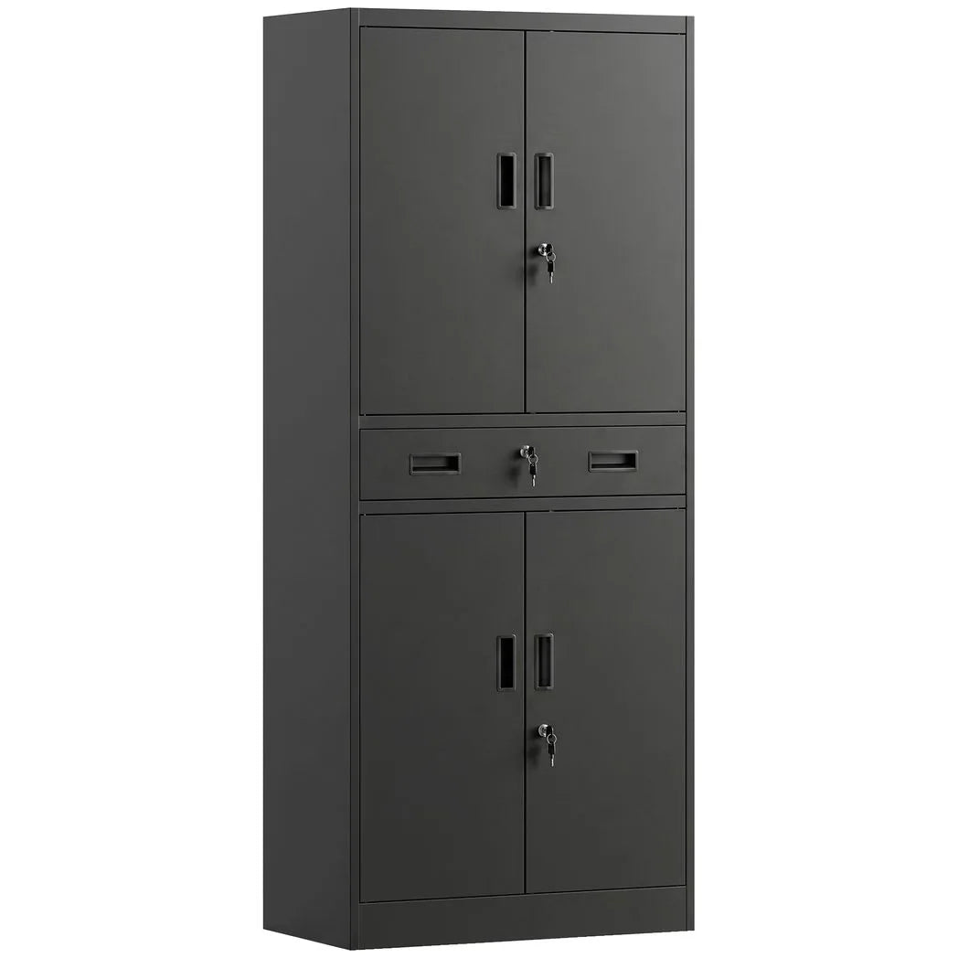 HOMCOM Metal Storage Cabinet with Locking Doors, Drawer & Adjustable Shelves – 180cm Tall Garage Tool Cabinet, Black