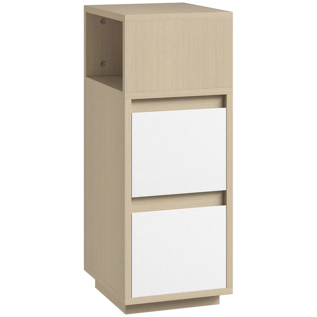 HOMCOM Slim Bedside Table with Open Shelf and 2 Drawers – Narrow Cabinet for Small Bedrooms, Natural Wood
