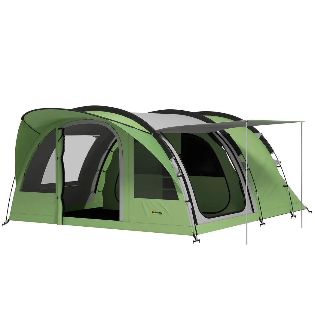 Outsunny 4 Person Family Camping Tent with 2 Rooms & Sewn-In Groundsheet – Waterproof Tunnel Tent, Green & Grey