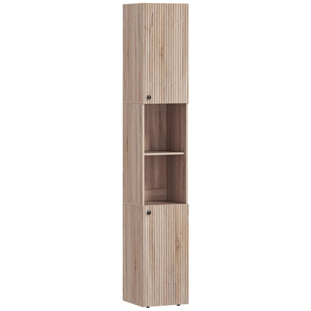 HOMCOM 6-Tier Tall Bathroom Cabinet with Fluted Doors & Adjustable Shelves – Slim Nordic Storage, Natural