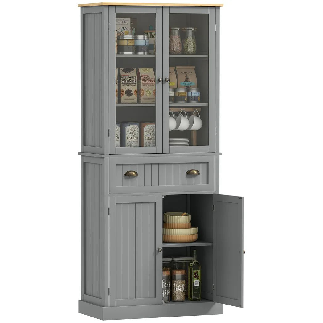 HOMCOM 180cm Tall Kitchen Pantry Cupboard with Glass Doors, 5 Tiers, Adjustable Shelves & Drawer – Freestanding Storage Cabinet, Grey