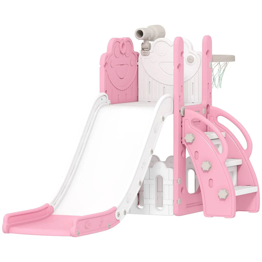AIYAPLAY 5 in 1 Kids Slide Set with Basketball Hoop, Climbing Frame, Telescope & Storage Box – Toddlers 1-3