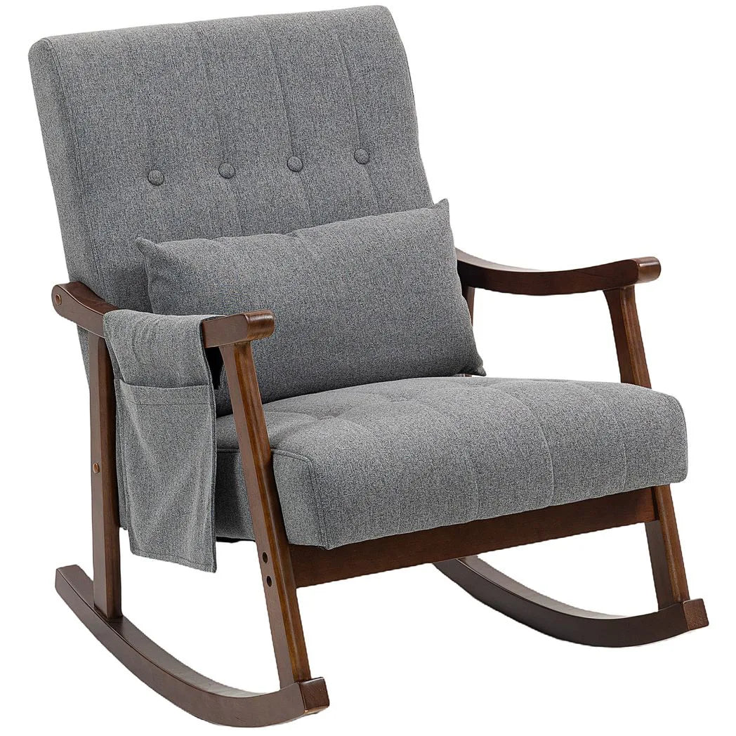HOMCOM Rocking Accent Chair with Rubberwood Frame, Side Pocket & Pillow – 35° Rocking Armchair, Grey