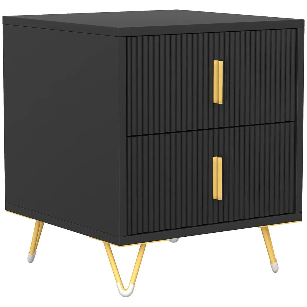 HOMCOM Fluted Bedside Table with 2 Drawers and Gold-Tone Handles, Compact Nightstand with Hairpin Legs – Black