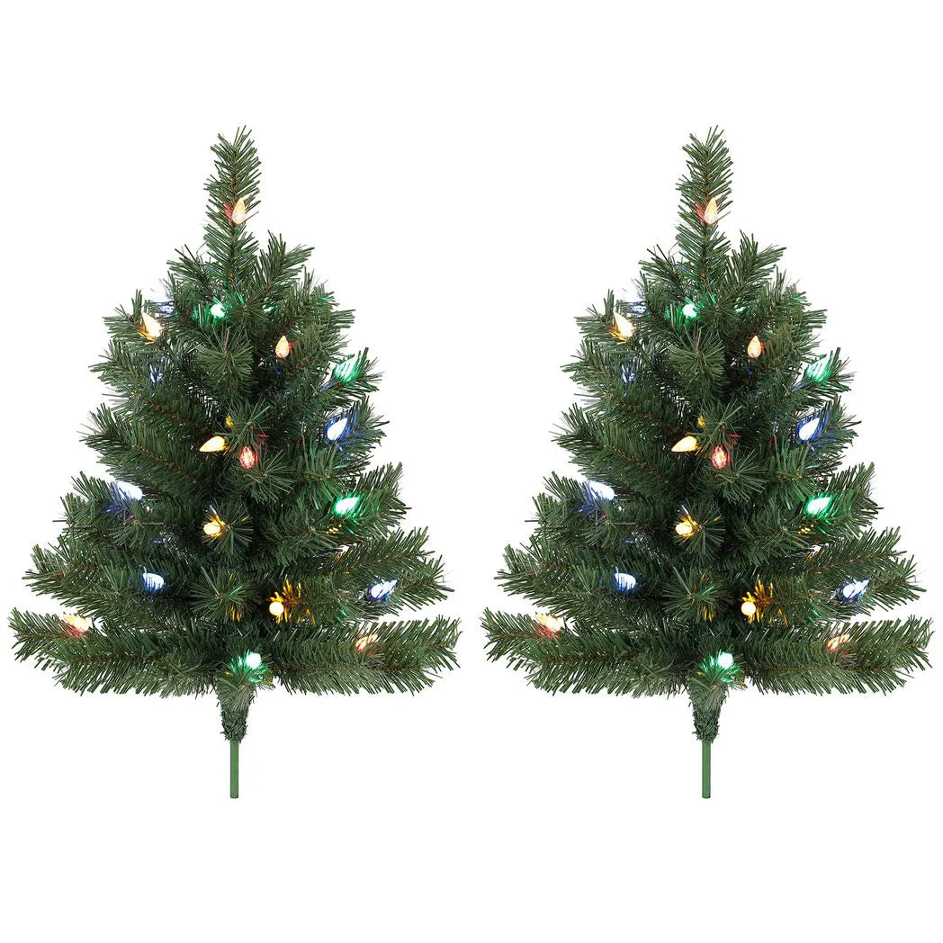 HOMCOM Set of 2 Pre-Lit 60 cm Outdoor Christmas Trees with Ground Stakes and 60 Multicolour LEDs, Green