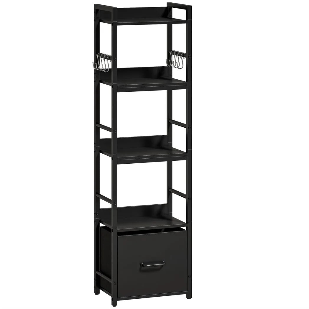 HOMCOM 4-Tier Narrow Bookshelf with Drawer, 8 Hooks and Metal Frame – Slim Bookcase, Black