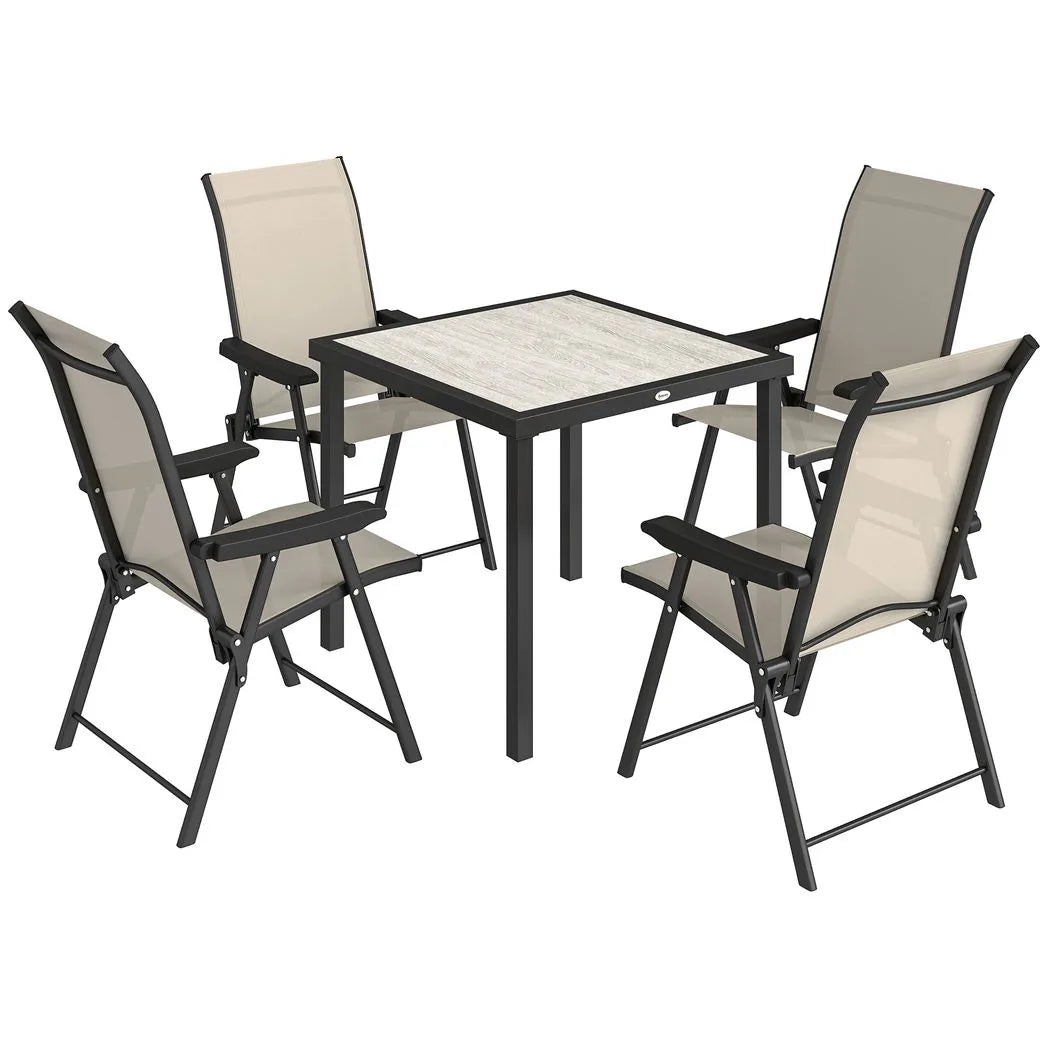 Outsunny 5 Piece Garden Dining Set for 4 – Square Faux Wood Table and Folding Mesh Armchairs, Brown