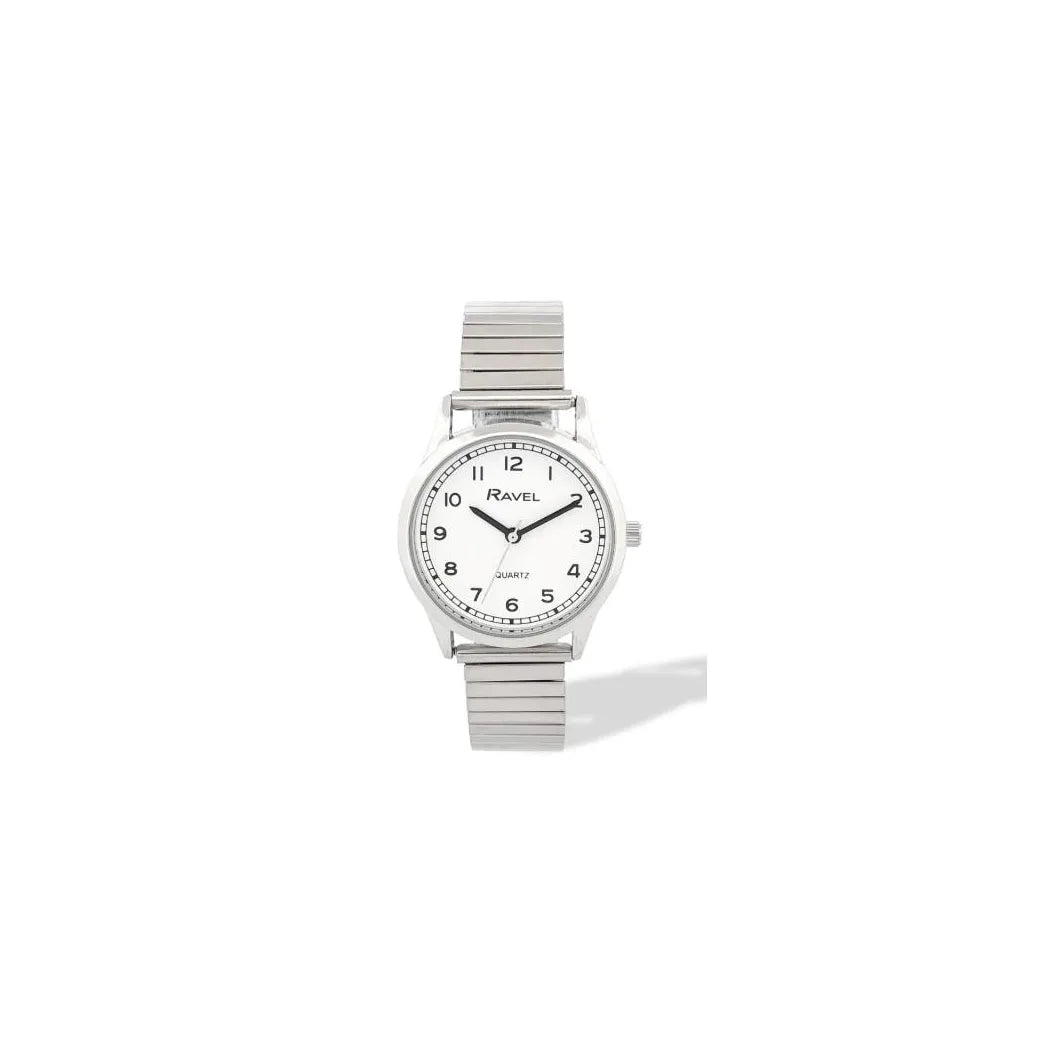 Ravel Ladies Easy Read White Dial Watch with Minute Track and Silver Stainless Steel Expander Bracelet, 27mm