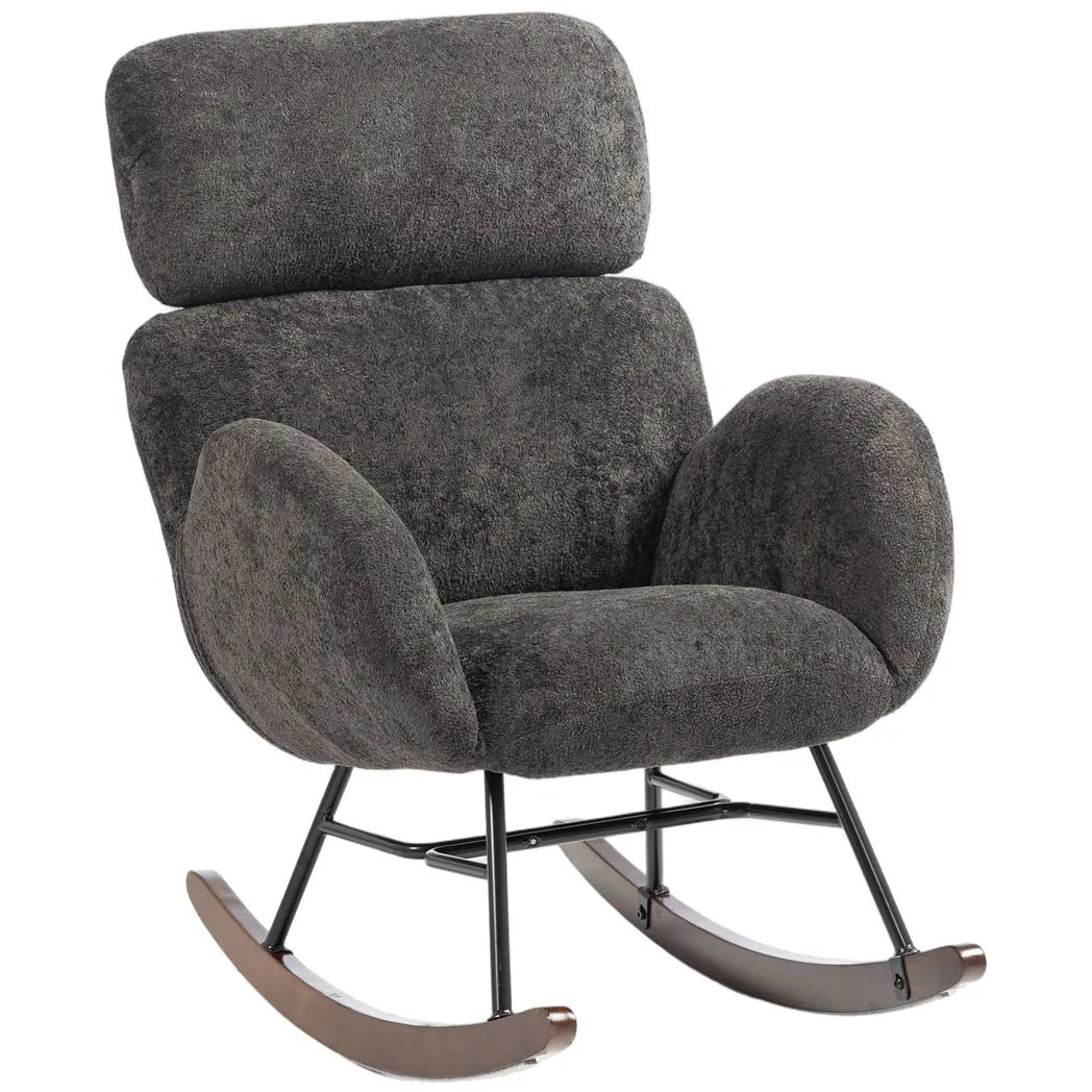 HOMCOM Upholstered Rocking Chair with Adjustable Headrest – Raindrop Velvet Rocker, Rubberwood Legs, Dark Grey
