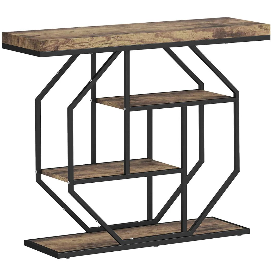 HOMCOM 4-Tier Industrial Console Table with Metal Frame – Entryway Hall Table, Rustic Brown