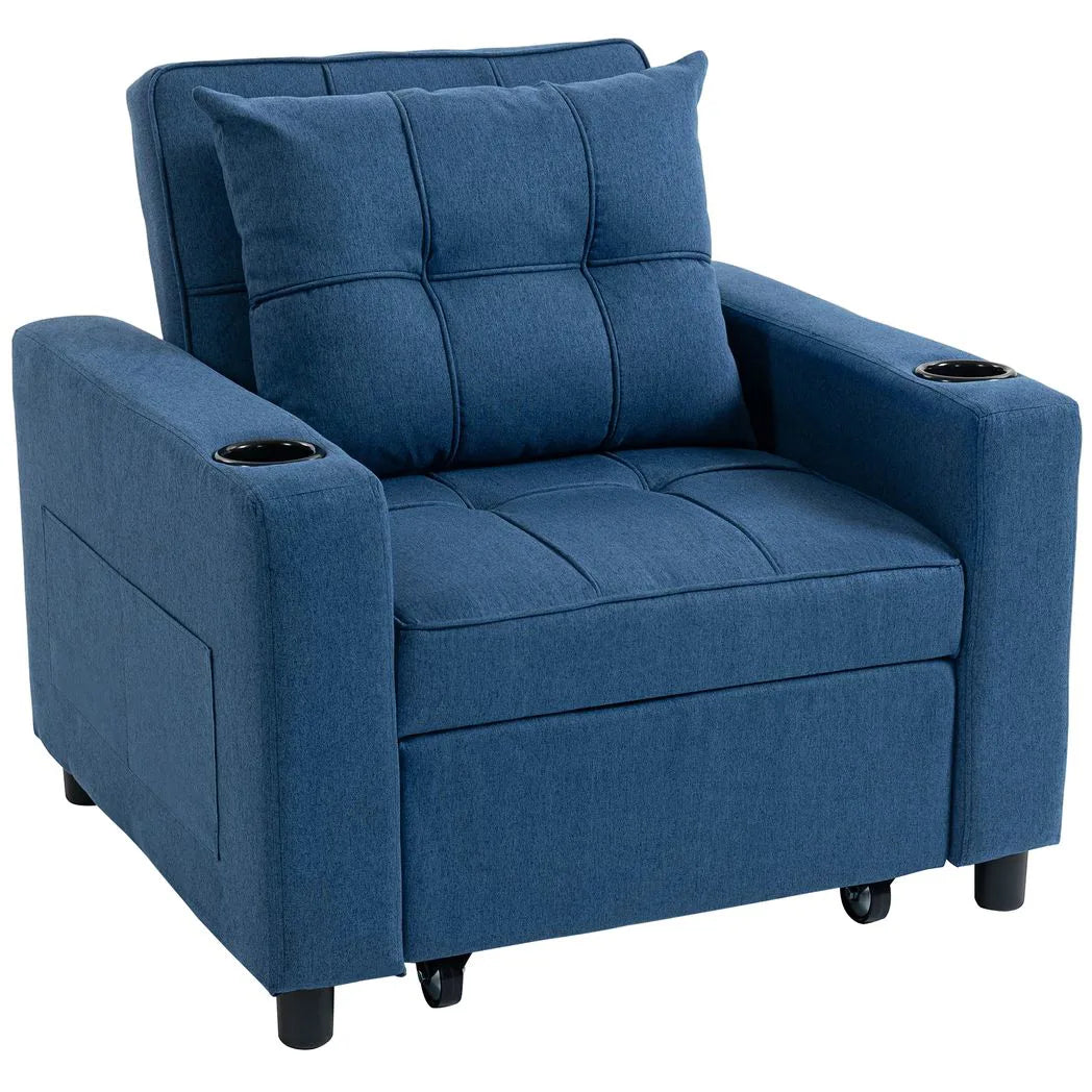 HOMCOM 3-in-1 Single Sofa Bed with Pull-Out Design, Cup Holders & Side Pockets – Convertible Chair Bed, Dark Blue