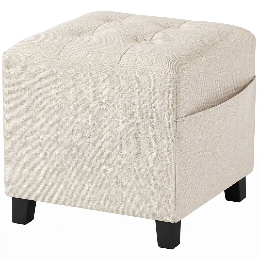 HOMCOM Small Ottoman Footstool with Side Pocket, Padded Seat and Rubber Wood Legs – Living Room, Beige