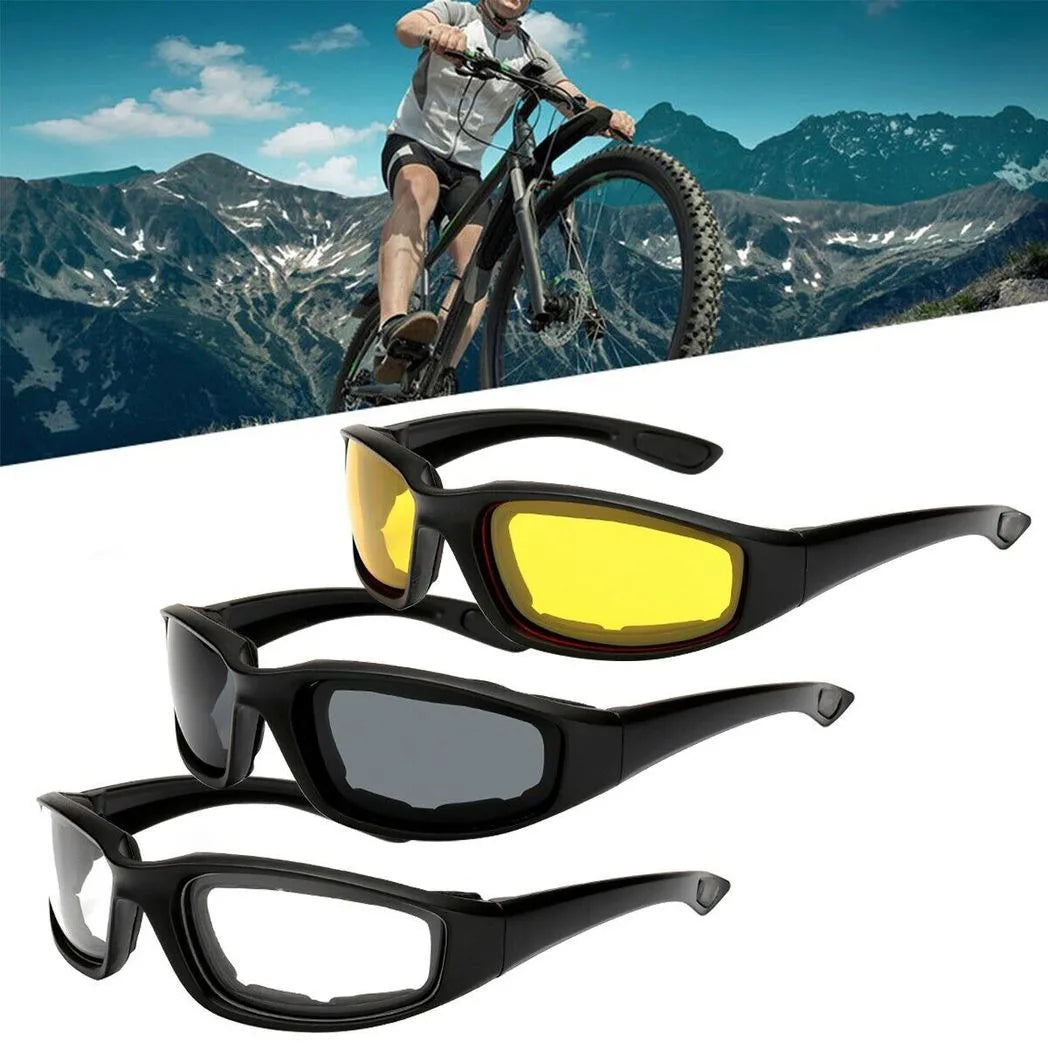 Motorcycle & Cycling Riding Glasses, Pack of 3 with Grey, Clear & Yellow Lenses – Wind-Resistant Eye Protection