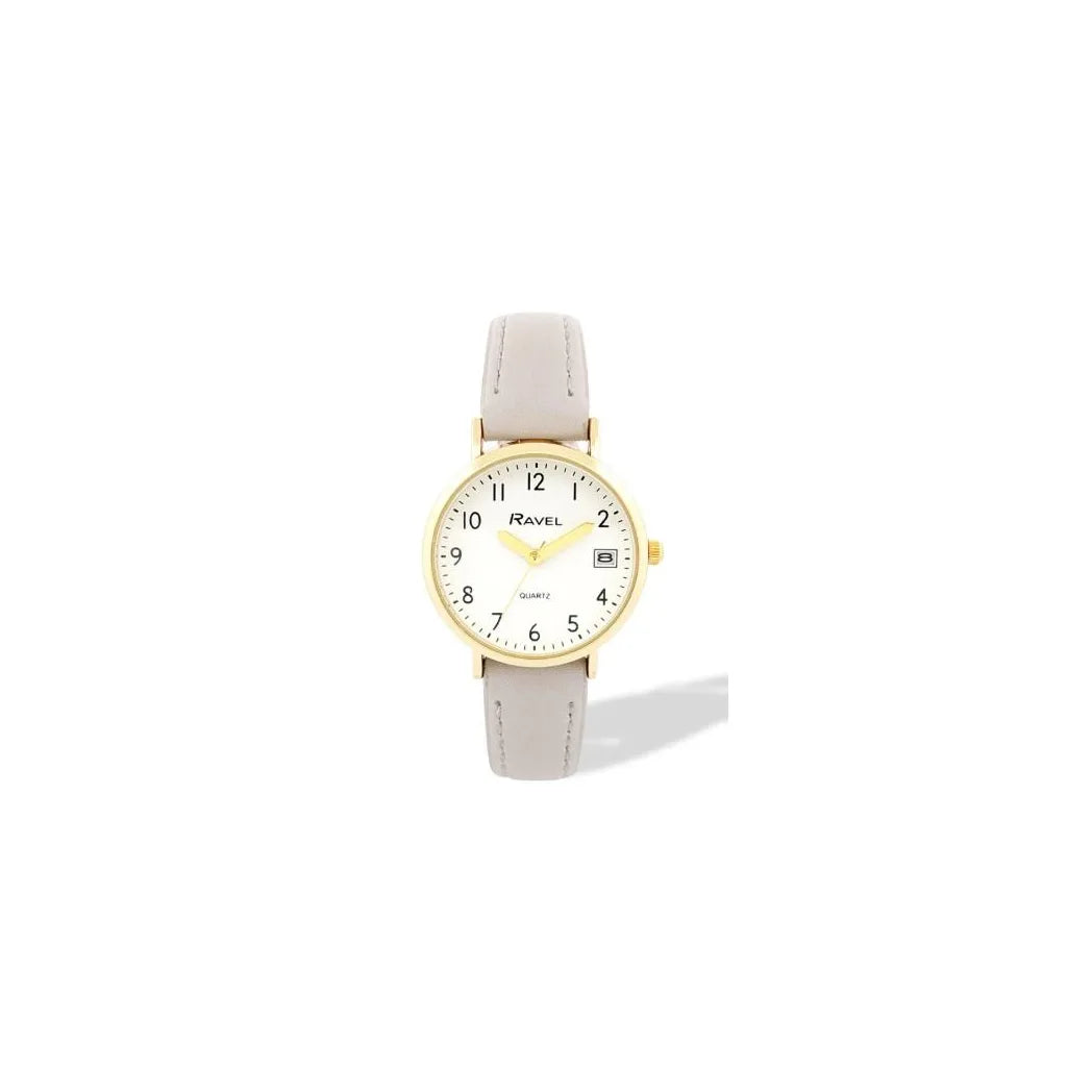 Ravel Ladies Gold-Tone Dated Watch with White Dial and Grey Faux Leather Strap