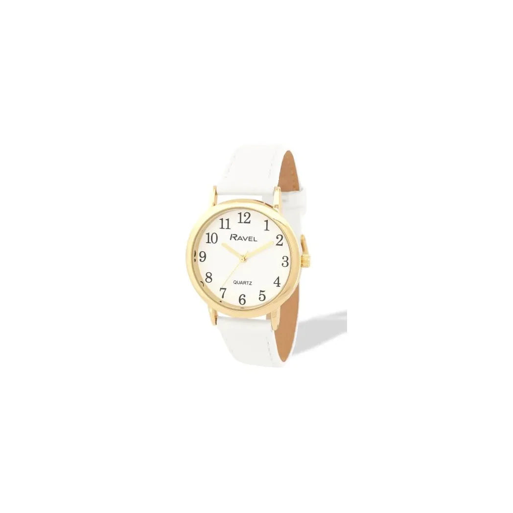 Ravel Ladies Classic Watch, Gold-Tone Case, White Dial, White Faux Leather Strap