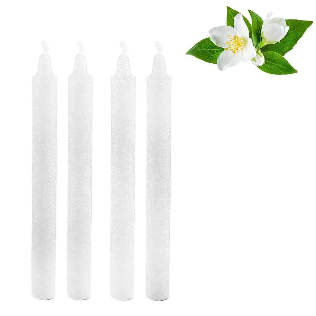 Long White Jasmine Scented Wax Candle Sticks – Fragranced Home Decor, Pack of 4