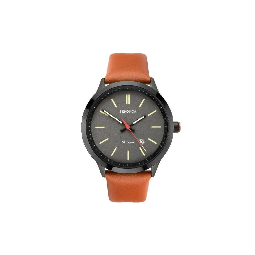 Sekonda Men's Dated Grey Dial Watch with Brown Leather Strap, 1828