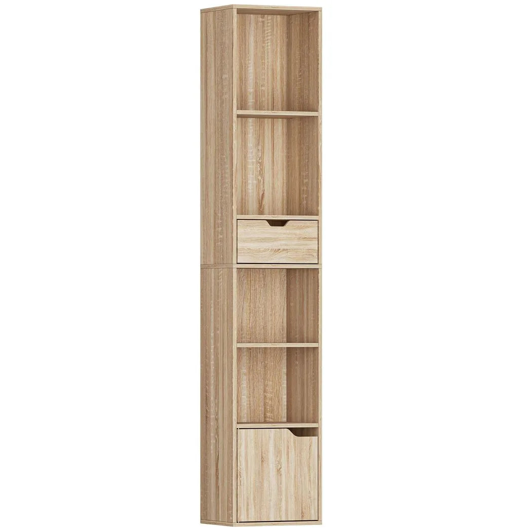 HOMCOM 6-Tier Tall Narrow Bookcase with Drawer, Cupboard and Anti-Tip Kit – Natural Wood Finish