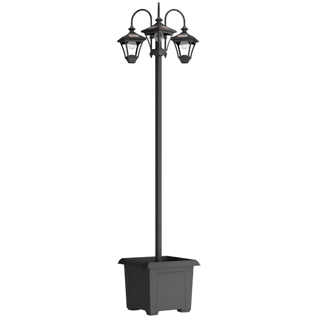 Outsunny Solar Lamp Post with 3 Heads, Dusk-to-Dawn Sensor & Planter Base – 185cm Garden Light, Black