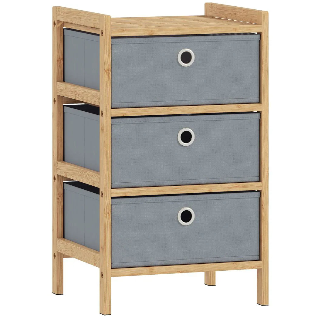 HOMCOM Narrow Chest of Drawers with 3 Fabric Drawers and Bamboo Frame – Slim Bedroom Dresser, Light Grey