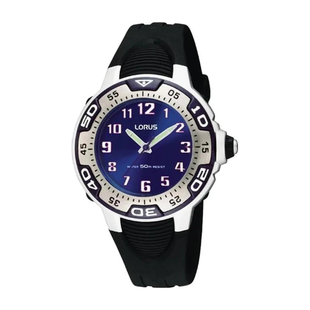 Lorus Boys Sports Analogue Quartz Watch RG235GX9 – Blue Dial, Black Rubber Strap, 50m Water Resistant