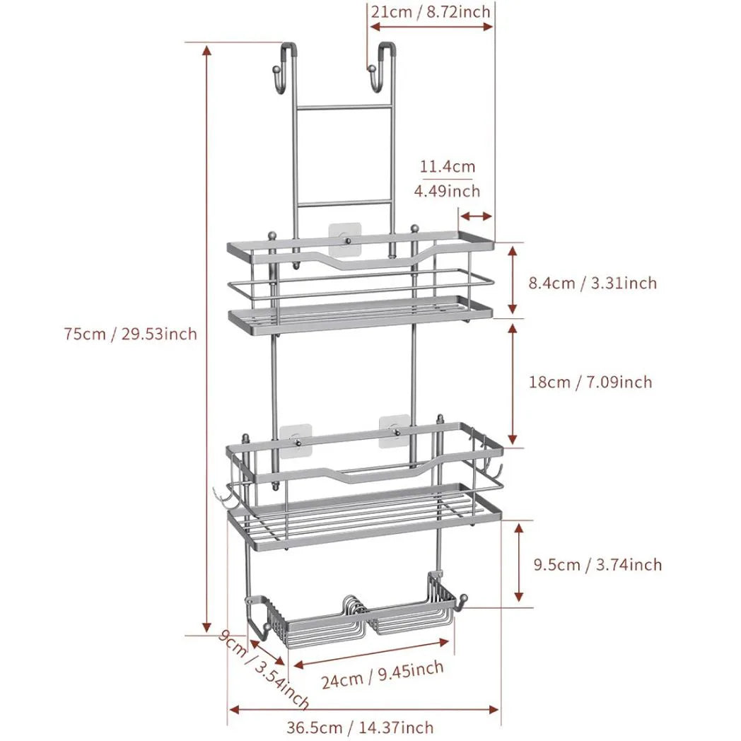 3 Tier Screen Shower Caddy Bathroom Storage Organiser Hanging Tidy Rack Basket-Silver