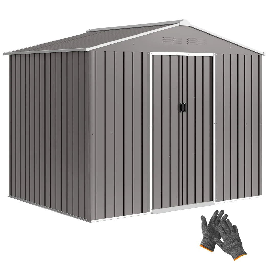 Outsunny 8 x 6ft Galvanised Steel Garden Shed with Sliding Double Doors, Light Grey