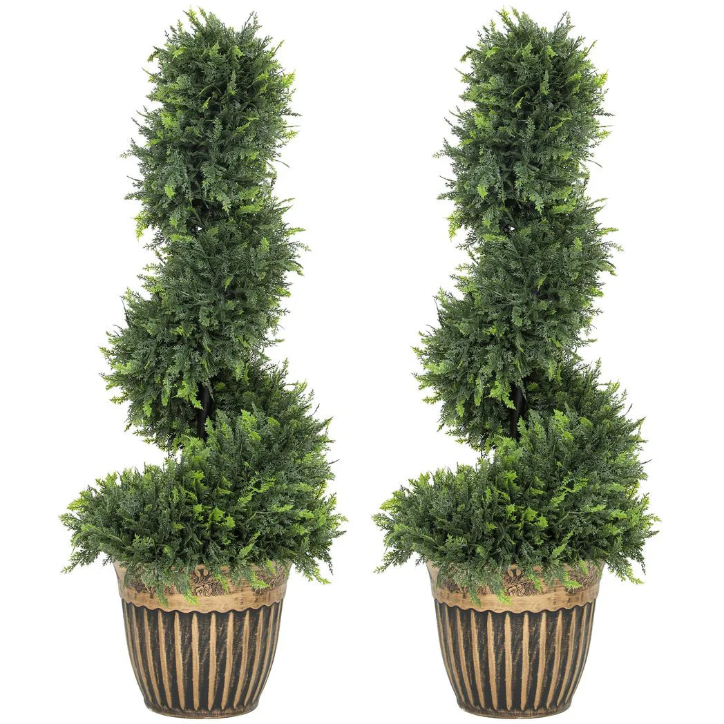 HOMCOM Set of 2 Artificial Plants, Topiary Spiral Boxwood Cypress Trees with Pot