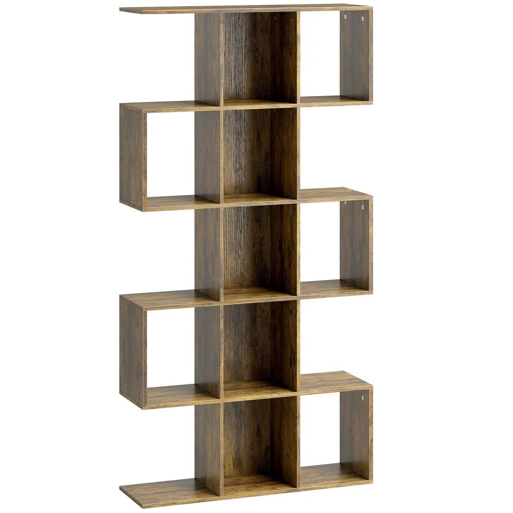 HOMCOM 5-Tier S-Shaped Geometric Bookcase with 15 Compartments – Slim Display Shelf with Anti-Tip Hardware, Rustic Brown