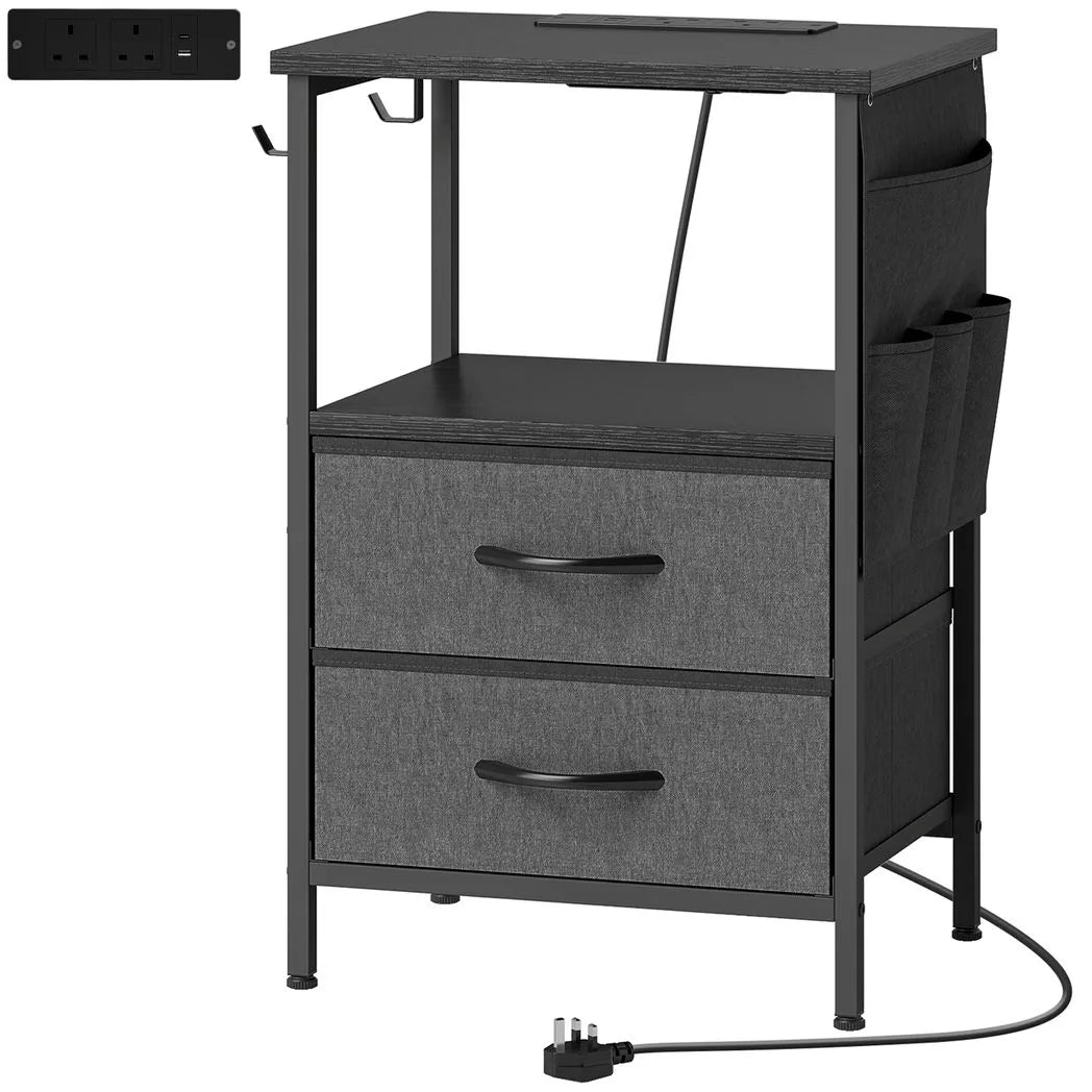 HOMCOM Slim Bedside Table with Charging Station – AC Outlets, USB-A & USB-C, Two Fabric Drawers, Black