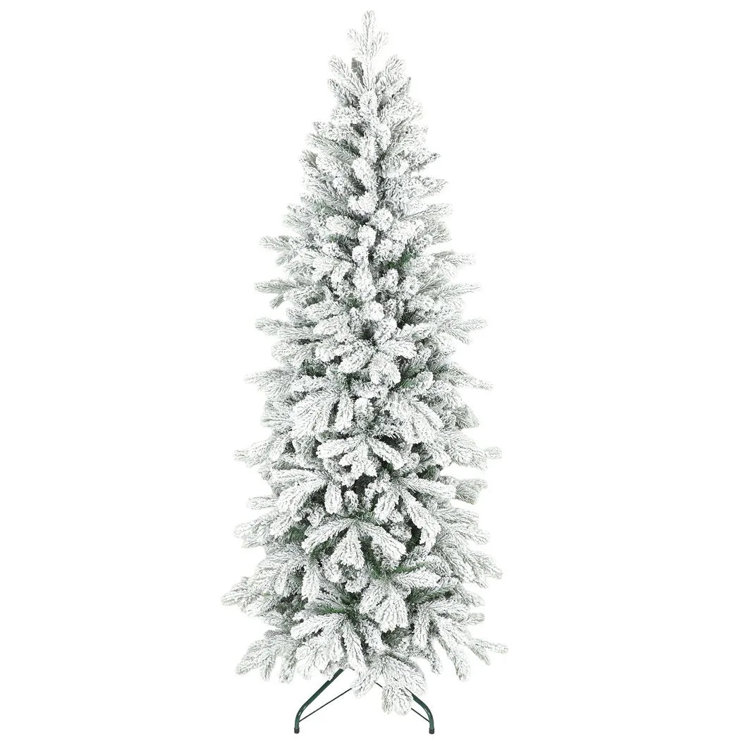 HOMCOM 6ft Flocked Artificial Christmas Tree with 756 Snow-Tipped Branches – Slim Tree, Metal Base
