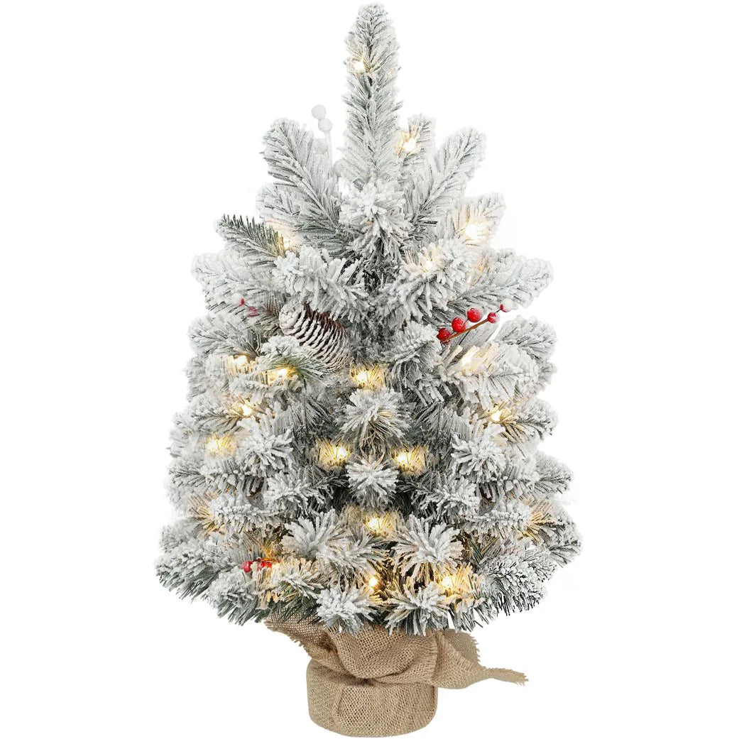 HOMCOM 60 cm Prelit Tabletop Christmas Tree with 35 LEDs and Timer – Snow Flocked Mini Tree, Battery Operated
